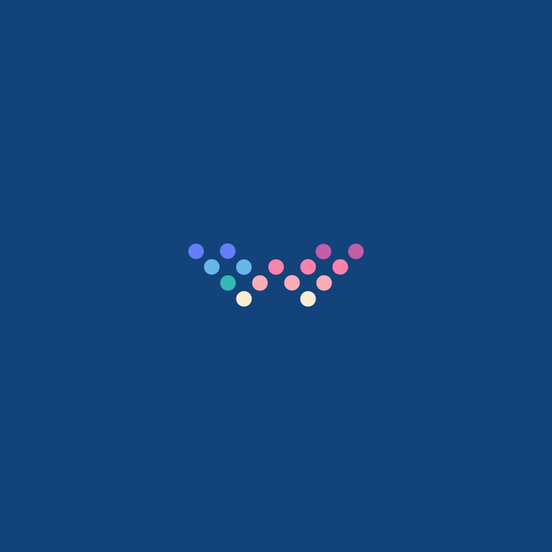 A blue background with colorful dots in the shape of a butterfly.