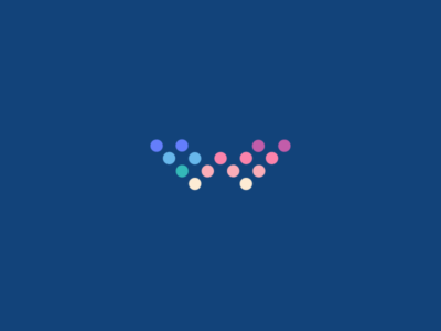 A blue background with white, pink and purple dots.